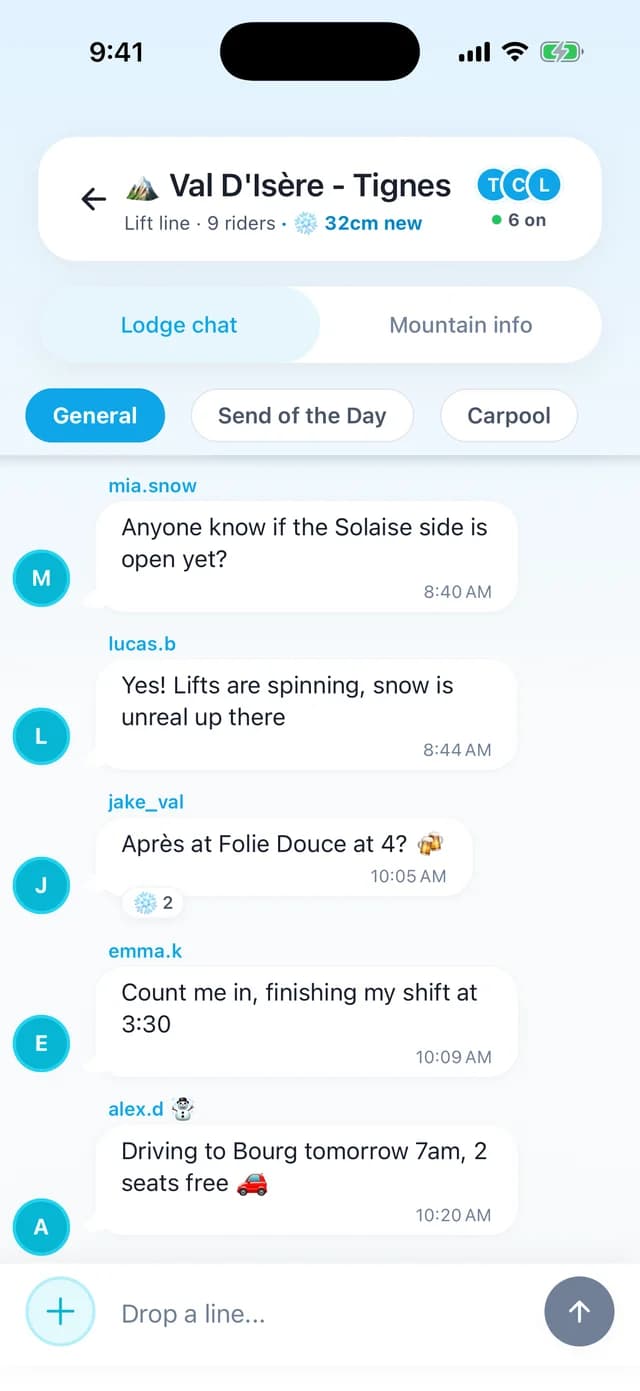 A resort group chat in the Après Ski app